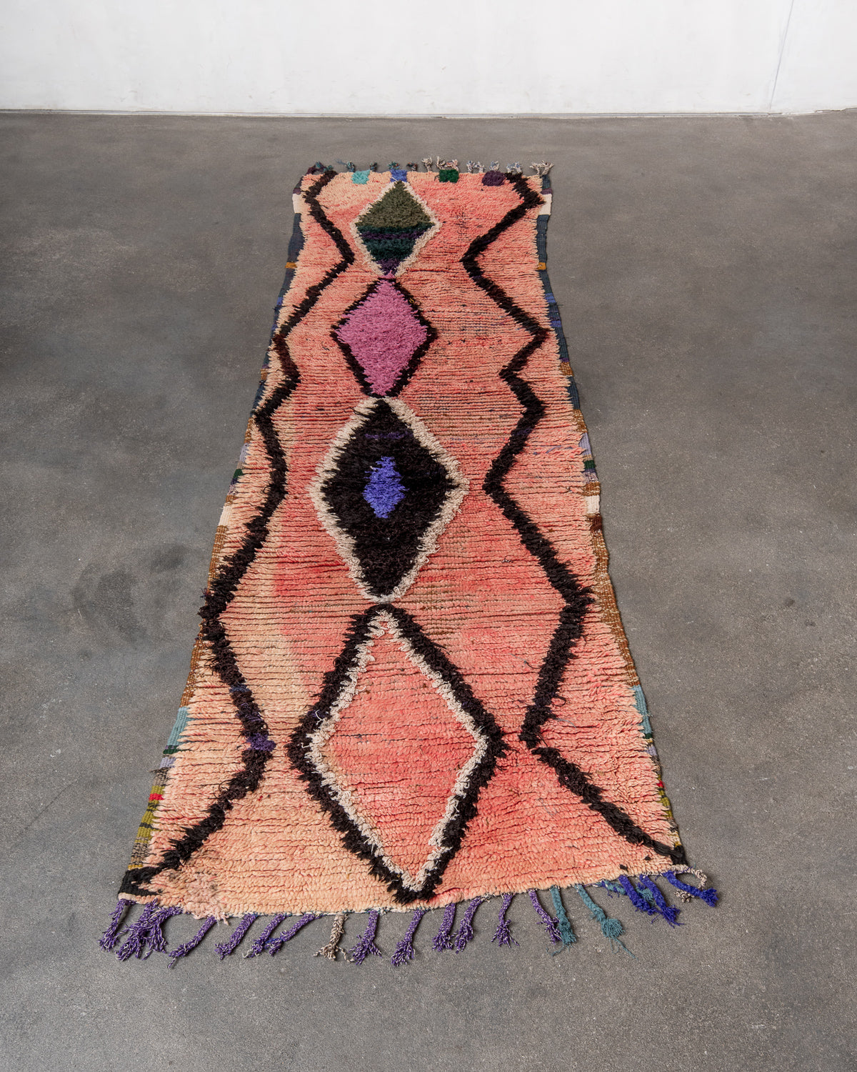 Modern, designer, handcrafted Berber runner rug from Morocco. Vintage carpet with beautiful colours and patterns and fluffy texture.